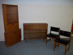 A SELECTION OF FOUR ITEMS TO INCLUDE A TEAK RETRO CORNER CABINET, AND TWO CHAIRS MADE BY REMPLOY
