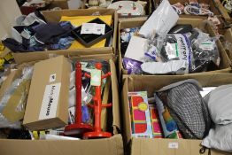 FOUR BOXES OF ASSORTED ITEMS TO INCLUDE CHILDREN'S STACKING BLOCKS, A MUG TREE, A TOWEL HOLDER,