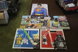 FOUR MODERN CANVAS PICTURES TO INCLUDE SUPERMAN, STAR WARS ETC.