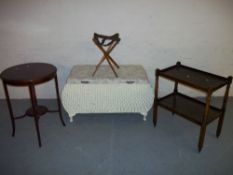 A SELECTION OF FOUR ITEMS TO INCLUDE A LOOM TYPE BLANKET BOX AND A TEA SERVING TROLLEY ETC.