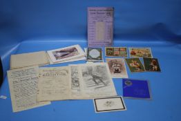 A TRAY OF ANTIQUE EPHEMERA TO INCLUDE 19TH CENTURY ADVERTISING