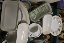 A TRAY OF CERAMICS TO INCLUDE A PORTMEIRION JUG