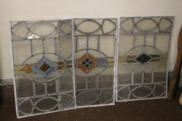 THREE STAINED GLASS PANELS, APPROX. 64 X 42 CM