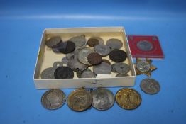 A QUANTITY OF COINS AND TOKENS to include silver examples