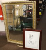 A GILT FRAMED MIRROR 100 X 72 CM TOGETHER WITH A FRAMED PICTURE OF A DOG (2)