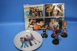 A COLLECTION OF SPICE GIRLS MEMORABILIA TO INCLUDE PHOTOGRAPHS, A PLATE AND FOUR FIGURES