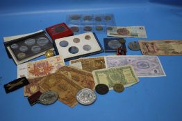A BOX OF COINS, BADGES, BANKNOTES ETC.