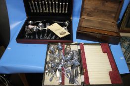 A CASED CANTEEN OF CUTLERY TOGETHER WITH A WRITING SLOPE A/F ETC.