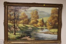 A FRAMED OIL ON CANVAS RIVERSIDE SCENE SIGNED NICHOLAS LEWIS