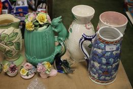 A BOX OF POTTERY JUGS, POSIES ETC.