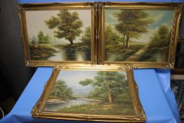 THREE FRAMED OIL PAINTINGS DEPICTING RIVERSIDE SCENES