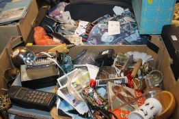 TWO TRAYS OF SUNDRIES TO INCLUDE COSTUME JEWELLERY, A VINTAGE VODAC MOBILE PHONE ETC.