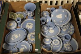 TWO TRAYS OF MAINLY BLUE & WHITE WEDGWOOD JASPERWARE TO INCLUDE PLAYING CARD EXAMPLES