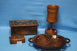 FOUR PIECES OF TREEN TO INCLUDE A SMALL LIDDED BOX, BOWL, TRINKET BOX AND A GOBLET
