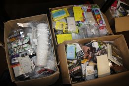 THREE BOXES OF NEW ITEMS TO INCLUDE CDS, DVDS, PHONE CASES ETC.