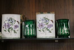 FOUE PIECES OF BOXED PORTMEIRION TO INCLUDE TWO GLASS CANDLE HOLDERS, TWO CERAMIC VASES TOGETHER