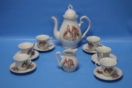 A CERAMIC COFFEE SET DECORATED WITH CONTINENTAL STYLE FIGURES