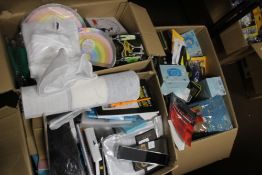 THREE BOXES OF NEW ITEMS TO INCLUDE THROW AWAY PLATES, SUIT COVERS, PHONE CASES, ETC.