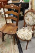A VINTAGE WOODEN CHAIR TOGETHER WITH A TAPESTRY CHAIR (2)