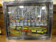N.E. RAMOVHA - AN UNUSUAL MODERN FRAMED AND GLAZED 3-D PAINTED COLLAGE OF FIGURES CROSSING A RAILWAY
