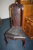 AN ANTIQUE MAHOGANY BARLEYTWIST CARVED LOW CHAIR