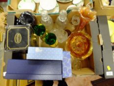 A TRAY OF ASSORTED GLASSWARE TO INCLUDE BOXED BOHEMIA CRYSTAL' PAIR OF ANTIQUE DECANTERS' CARNIVAL