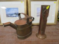 AN ART NOUVEAU COPPER SLEEVE VASE' TOGETHER WITH A COPPER WATERING CAN (2)