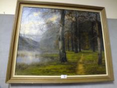 A FRAMED OIL ON CANVAS DEPICTING A WOODLAND PATH INDISTINCTLY SIGNED LOWER RIGHT OVERALL SIZE