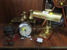 A COLLECTION OF METALWARE TO INCLUDE A BANKERS LAMP' MONEY BANK' TRIVET STAND ETC.