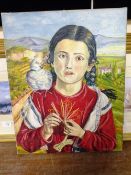 AN UNFRAMED OIL ON CANVAS DEPICTING A YOUNG MAIDEN WITH A DOVE ON HER SHOULDER SIGNED TEBROC 1965