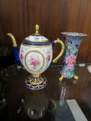 A VINTAGE SPODE FLORAL FOOTED VASE' TOGETHER WITH A FRANKLIN MINT HOUSE OF FABERGE TEAPOT (2)