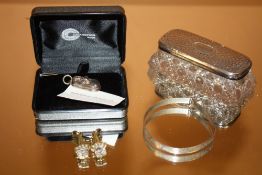 A HALLMARKED SILVER CHILDS SHOE SHAPED FOB TOGETHER WITH A CHRISTENING BANGLE' VANITY AND PAIR OF