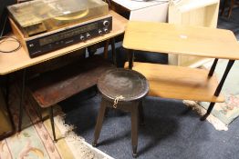 A RETRO OCCASIONAL TABLE ON METAL LEGS TOGETHER WITH ANOTHER TABLE' TWO TIER STAND AND A STOOL (4)