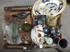 A TRAY OF CERAMICS TO INCLUDE TEAPOTS' ROYAL WORCESTER EVESHAM BOWL ETC. TOGETHER WITH A TRAY OF