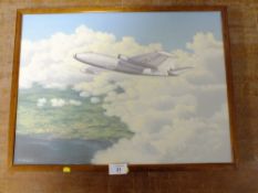 BRIAN TOVEY - A FRAMED OIL ON CANVAS DEPICTING A WH720 JET IN FLIGHT SIGNED AND DATED LOWER LEFT ,93