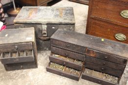 A VINTAGE TOOL CHEST TOGETHER WITH TWO MINIATURE SETS OF DRAWERS WITH CONTENTS