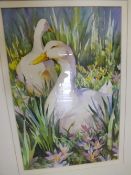 TREVOR WAUGH - A FRAMED AND GLAZED WATERCOLOUR ENTITLED , EASTER DUCKS, SIGNED LOWER LEFT AND
