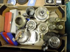 A TRAY OF SILVER PLATED METALWARE ETC. TO INCLUDE A FLUTED THREE PIECE TEA SERVICE' CRUET SET ETC.