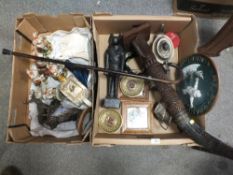 TWO BOXES CONTAINING A SELECTION OF METALWARE' STAFFORDSHIRE PIGS' COALPORT' ETC