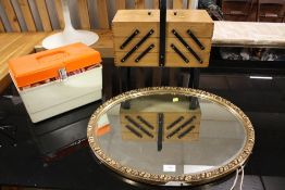 A VINTAGE GILT FRAMED OVAL WALL MIRROR W-65 CM WITH TWO SEWING BOXES AND CONTENTS (3)