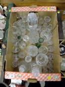 A TRAY OF MOSTLY CUT GLASS TO INCLUDE A DECANTER' EDINBURGH CRYSTAL ETC. TOGETHER WITH A SMALL