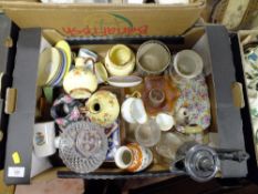 TWO TRAYS OF ASSORTED CERAMICS AND GLASSWARE TO INCLUDE CRESTEDWARE' HAND PAINTED CLOCK' CLARET