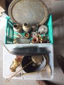 TWO TRAYS OF ASSORTED METALWARE TO INCLUDE A PAIR OF BRASS VASES' BRASS CHARGER ETC.