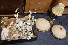 A TRAY OF LIGHT FITTINGS ETC. TO INCLUDE A PAIR OF VINTAGE CEILING LIGHTS' MODERN LAMP ETC