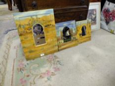 THREE EGYPTIAN STYLE HAND PAINTED WOODEN FRAMED WALL MIRRORS' TOGETHER WITH TWO CAIRO INTEREST