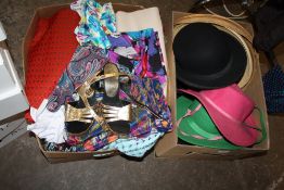 A BOX OF VINTAGE FABRIC TOGETHER WITH A TRAY OF HATS AND BAGS TO INC A VINTAGE BOWLER HAT (2)