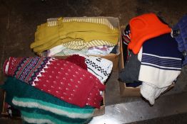 THREE BOXES OF ASSORTED VINTAGE / RETRO CLOTHING TO INC 1970S / 1980S KNITWEAR' SHELL SUIT ETC