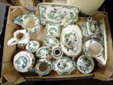 A TRAY OF MASONS CHARTREUSE PATTERN CERAMICS TO INCLUDE JUGS' TWIN HANDLED LIDDED JAR ETC.