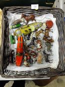 A BOX OF BRITAINS TOY ANIMAL FIGURES TOGETHER WITH A SELECTION OF TINPLATE TOYS