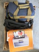 A BOX OF VINTAGE AND MODERN CAMERAS AND ACCESSORIES' CANON PRINTER ETC.